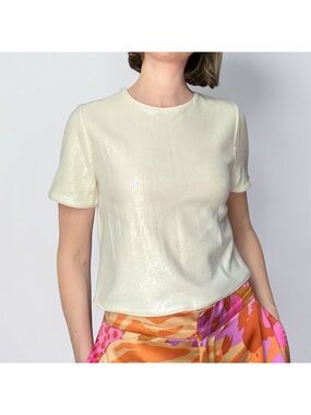Christian Lacroix White Sequin Short Sleeve Top | Party Disco Y2K Luxe Small